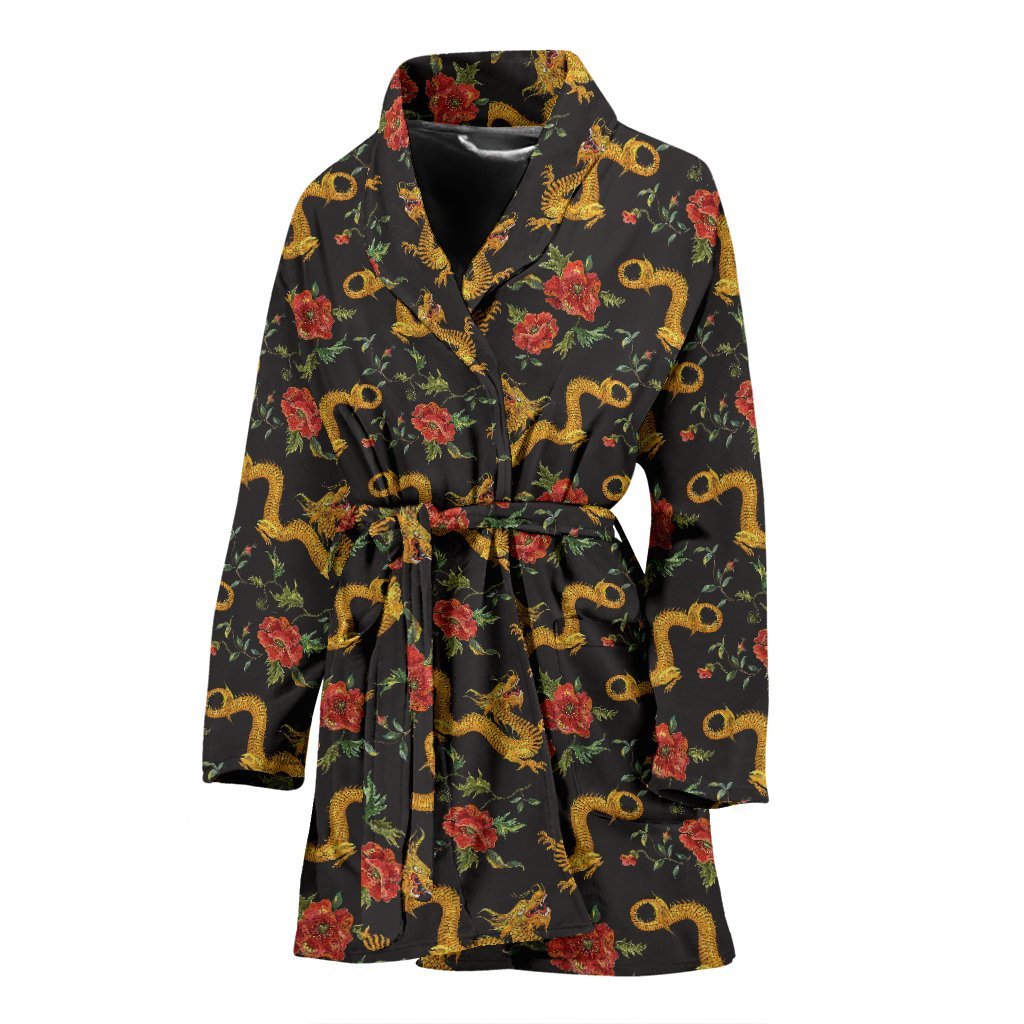 Chinese Dragon Rose Pattern Print Women Long Robe-grizzshop