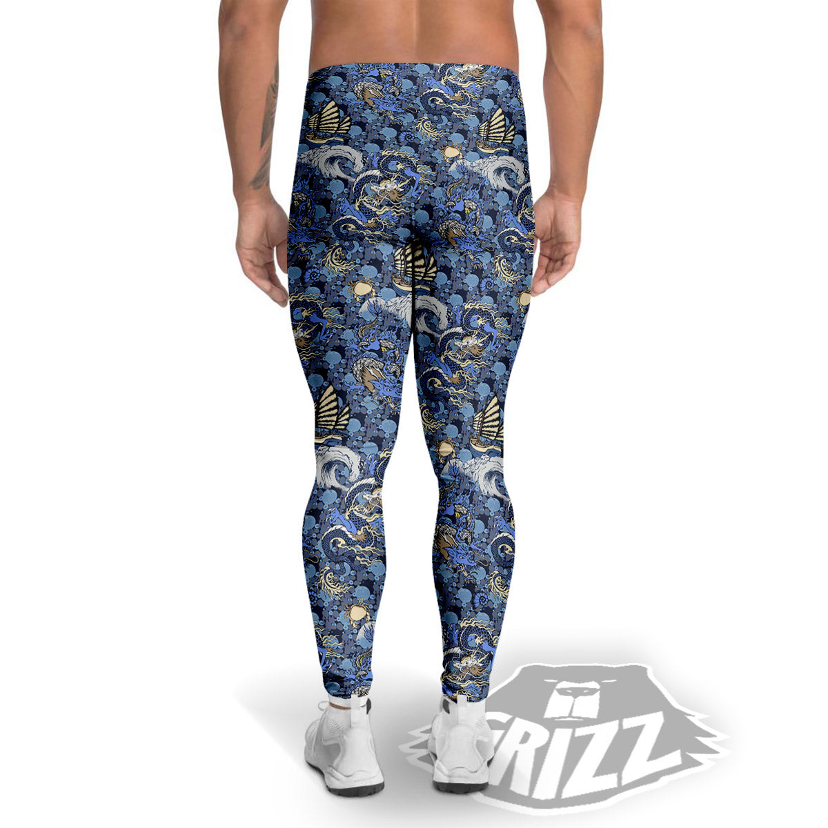 Chinese Dragon Sea Print Pattern Men's Leggings-grizzshop