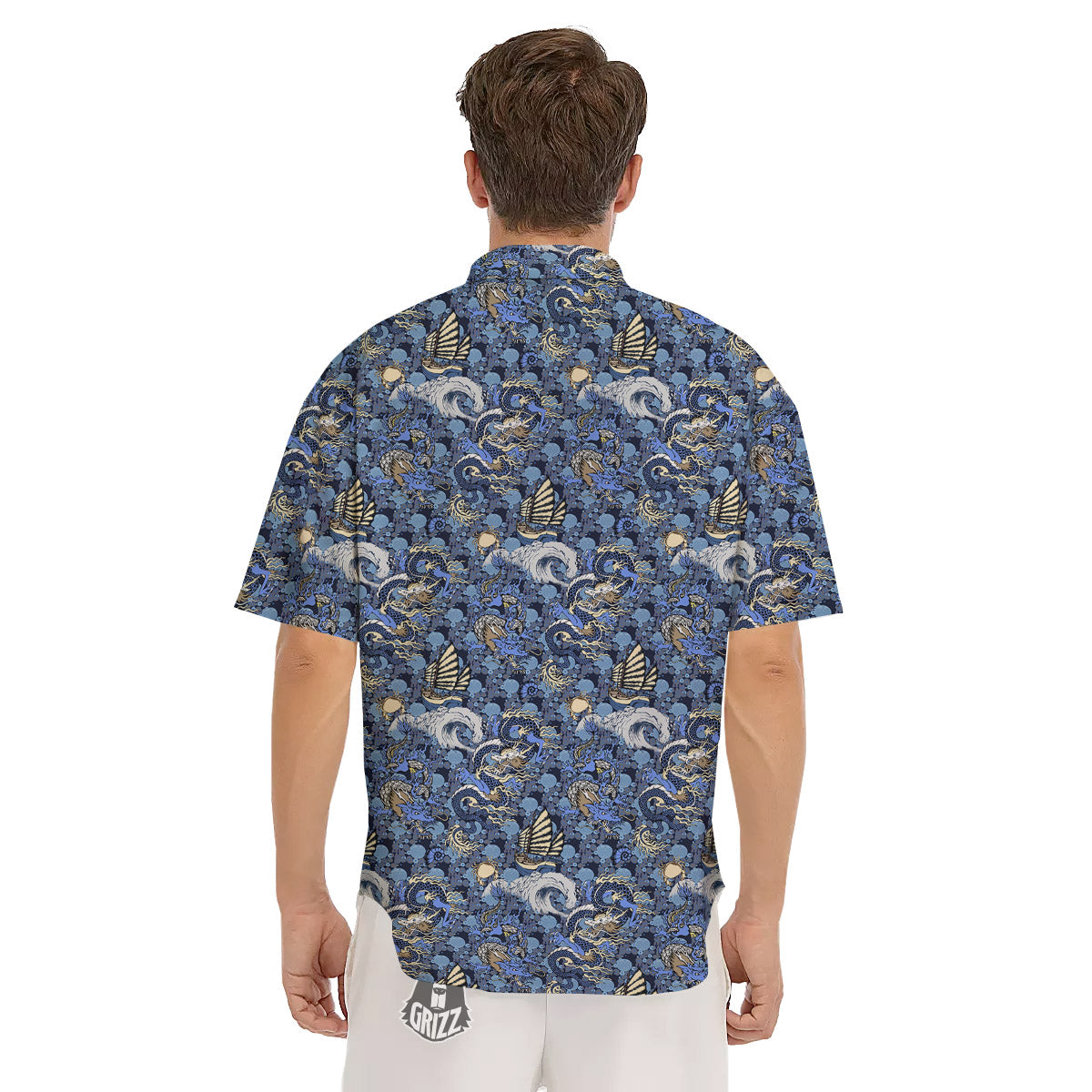 Chinese Dragon Sea Print Pattern Men's Short Sleeve Shirts-grizzshop