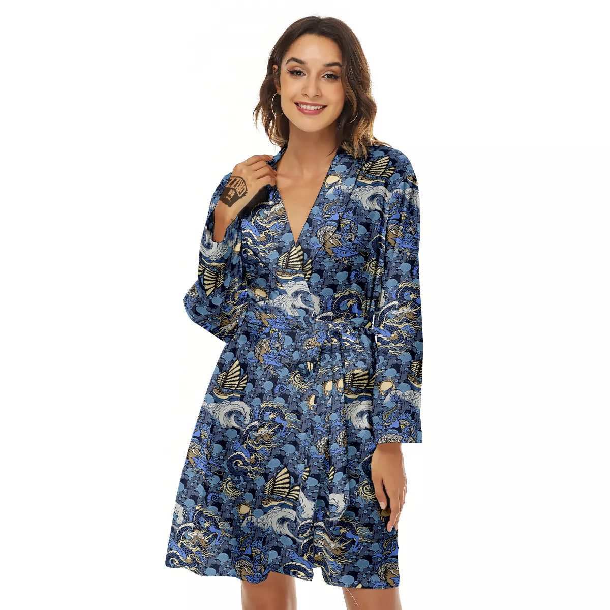 Chinese Dragon Sea Print Pattern Women's Robe-grizzshop