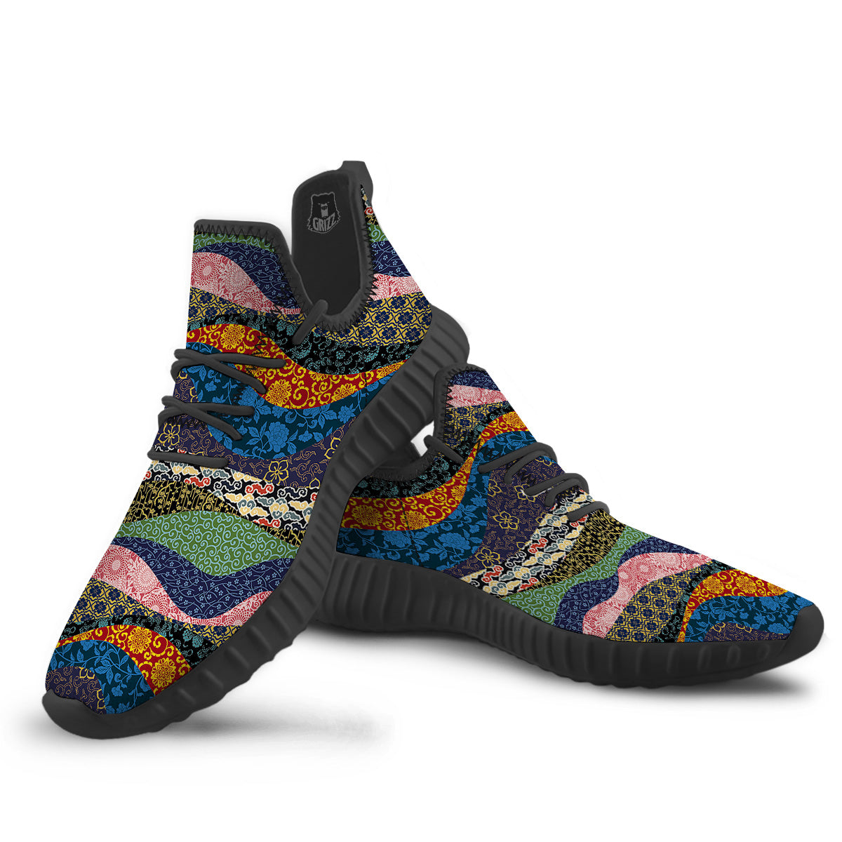 Chinese Fabric Art Print Pattern Black Walking Shoes-grizzshop