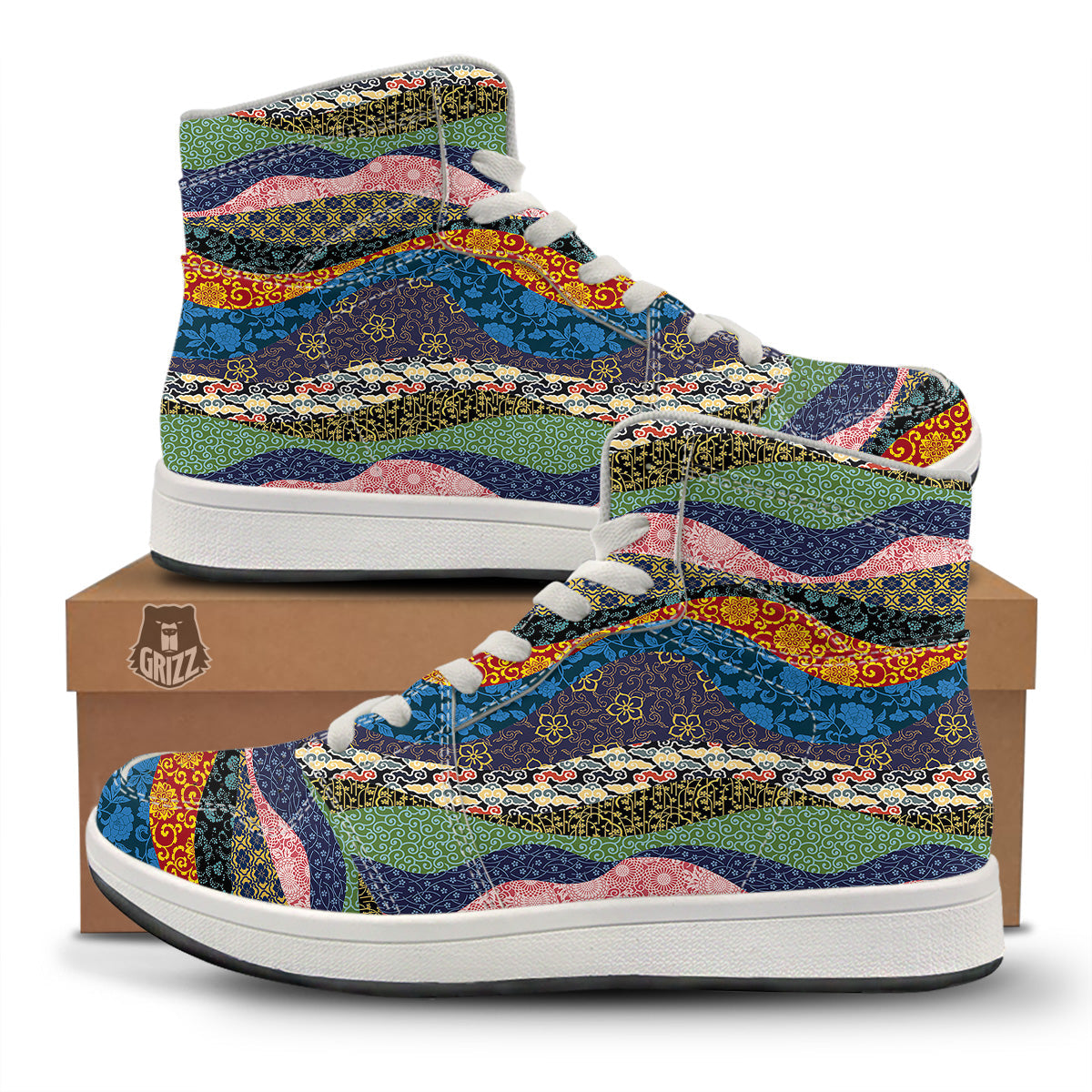 Chinese Fabric Art Print Pattern High Top Sneakers-grizzshop