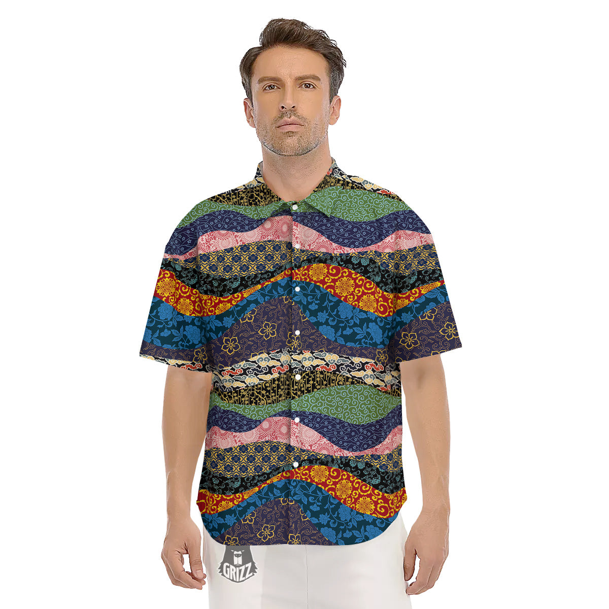 Chinese Fabric Art Print Pattern Men's Short Sleeve Shirts-grizzshop