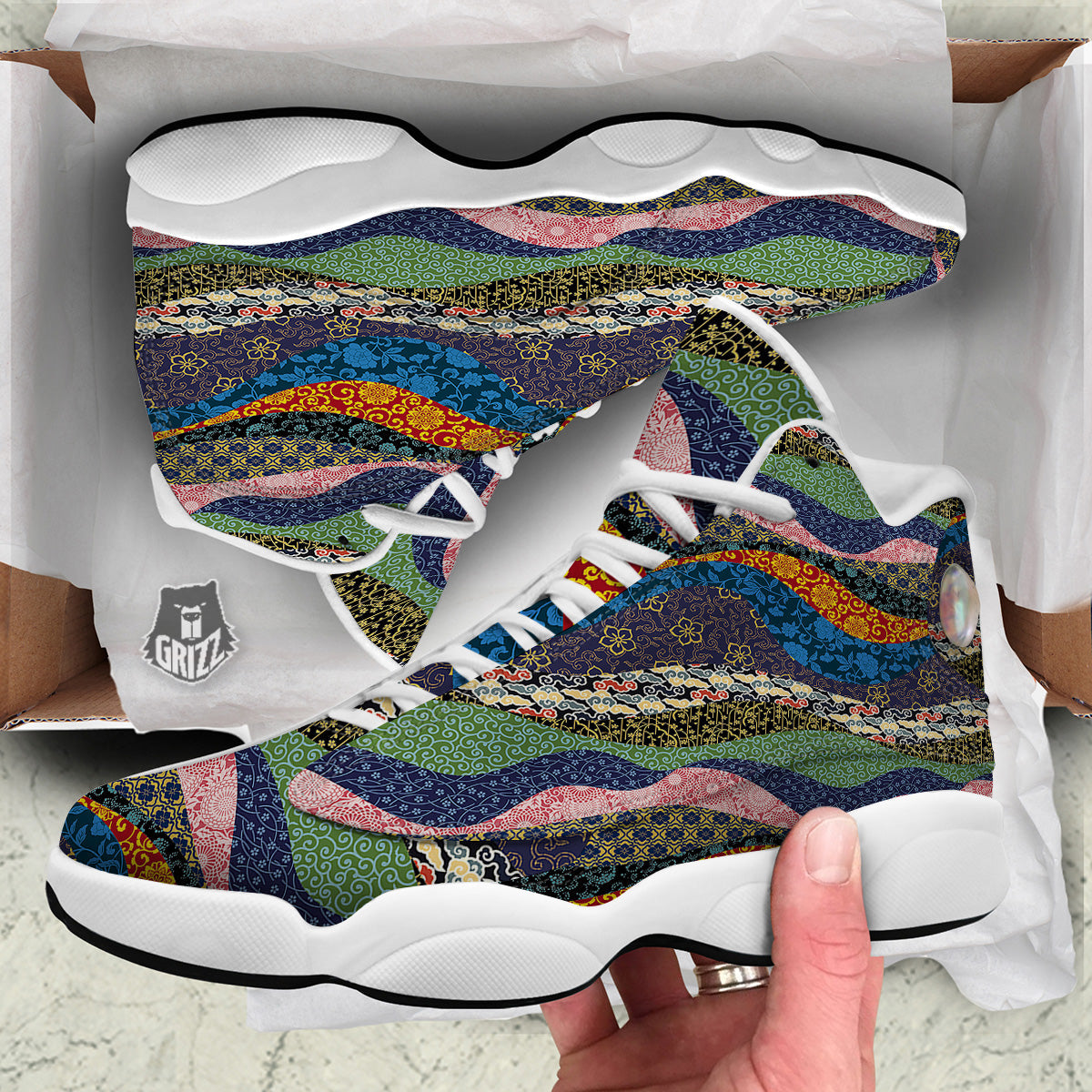 Chinese Fabric Art Print Pattern White Basketball Shoes-grizzshop