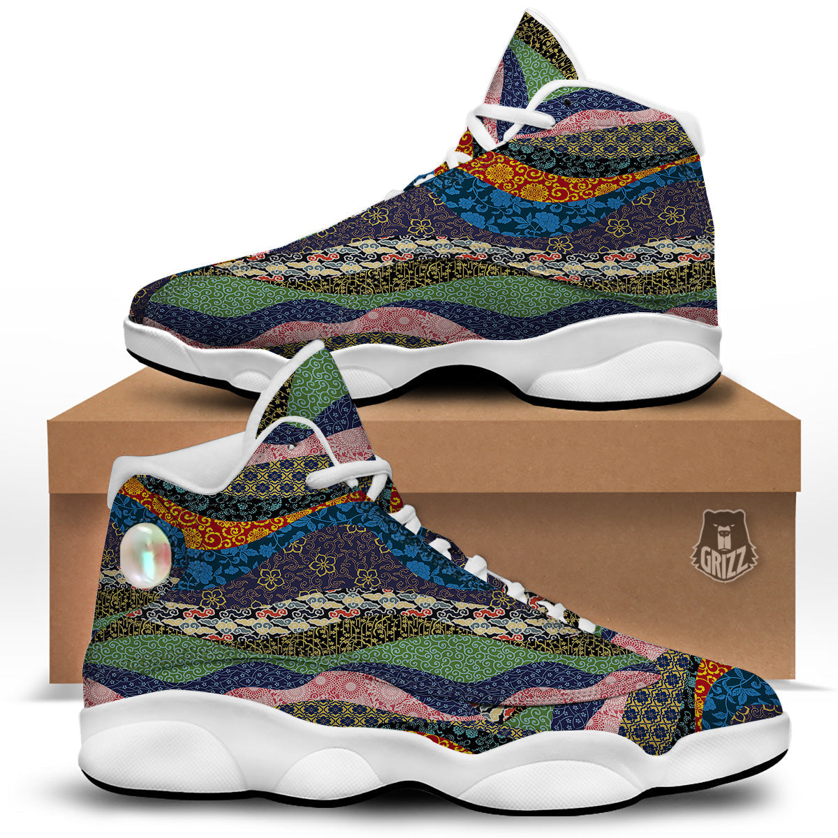 Chinese Fabric Art Print Pattern White Basketball Shoes-grizzshop