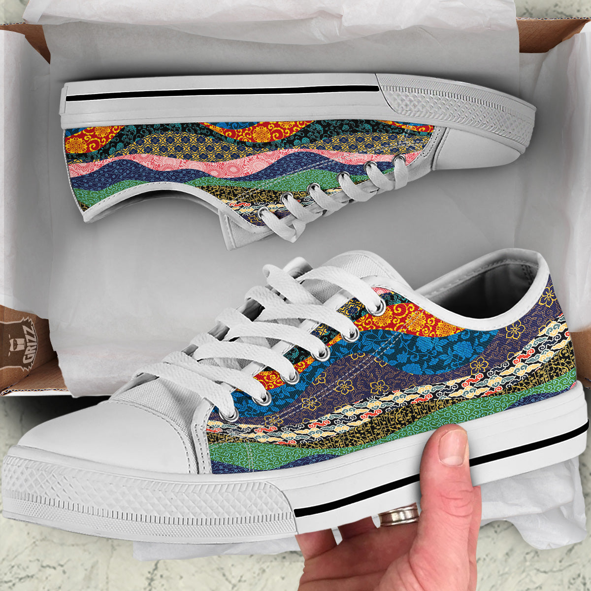 Chinese Fabric Art Print Pattern White Low Top Shoes-grizzshop