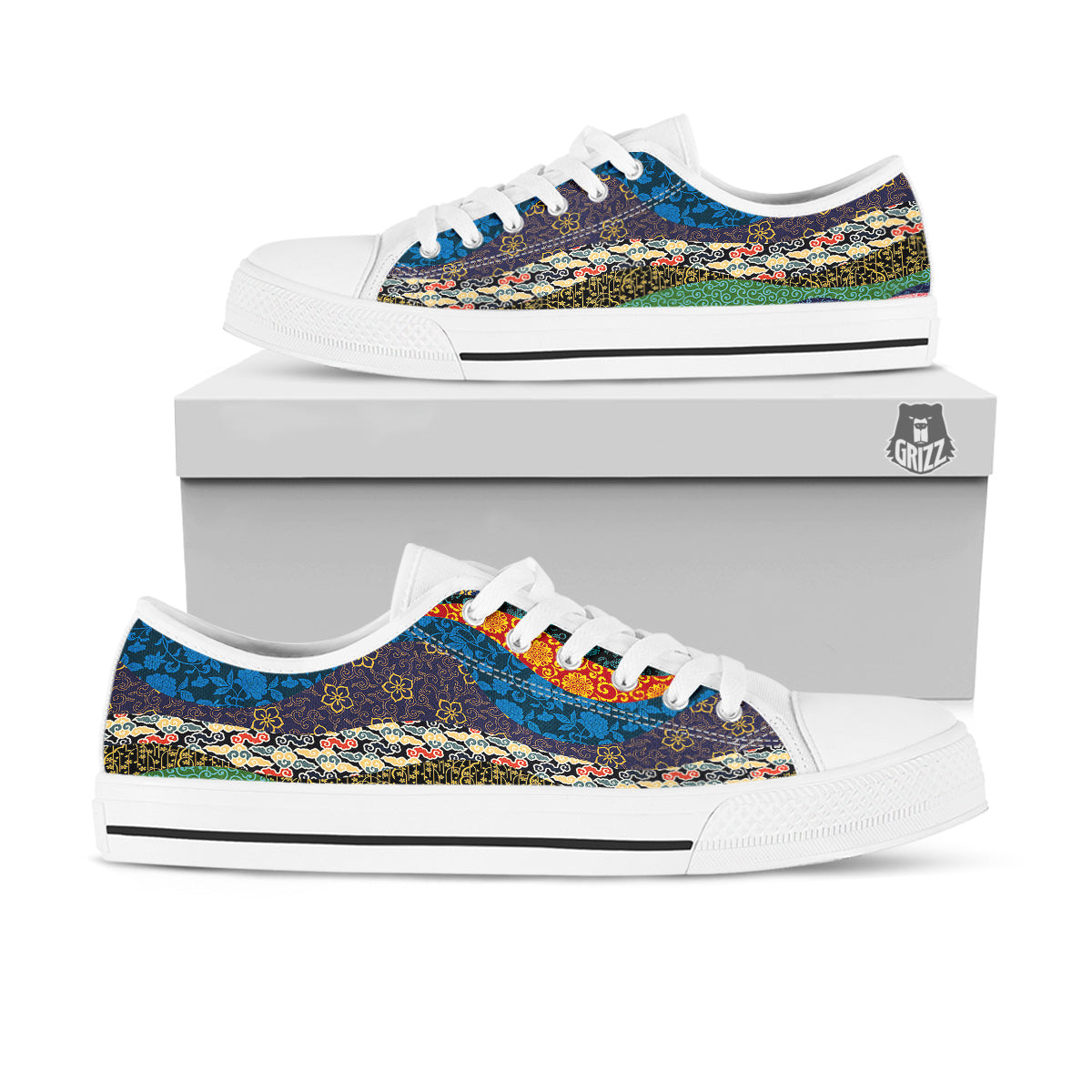 Chinese Fabric Art Print Pattern White Low Top Shoes-grizzshop