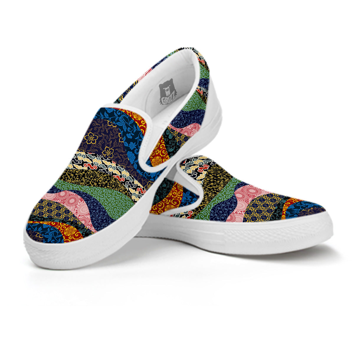 Chinese Fabric Art Print Pattern White Slip On Shoes-grizzshop