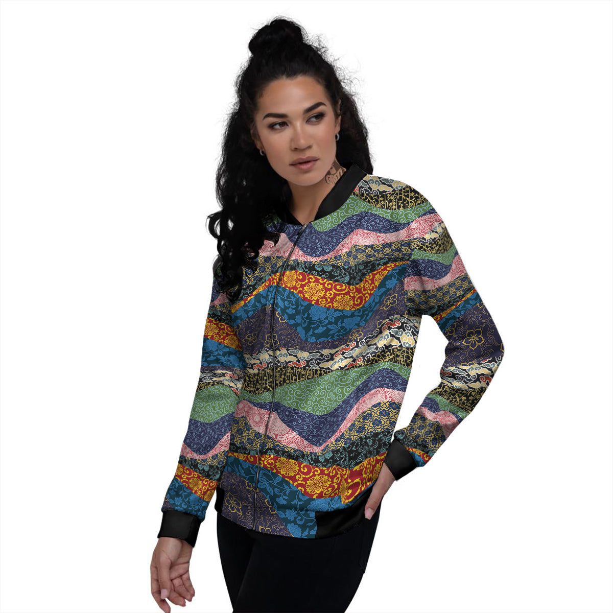 Chinese Fabric Art Print Pattern Women's Bomber Jacket-grizzshop
