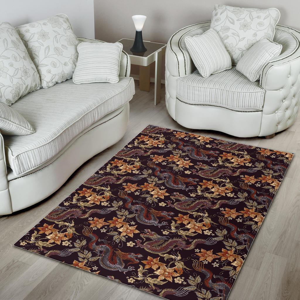 Chinese Floral Dragon Pattern Print Floor Mat-grizzshop