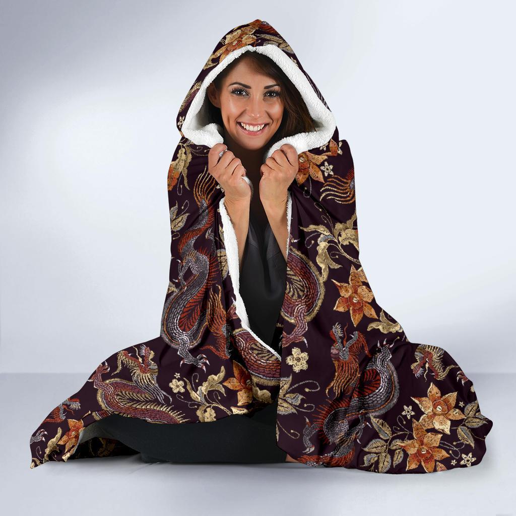 Chinese Floral Dragon Pattern Print Hooded Blanket-grizzshop