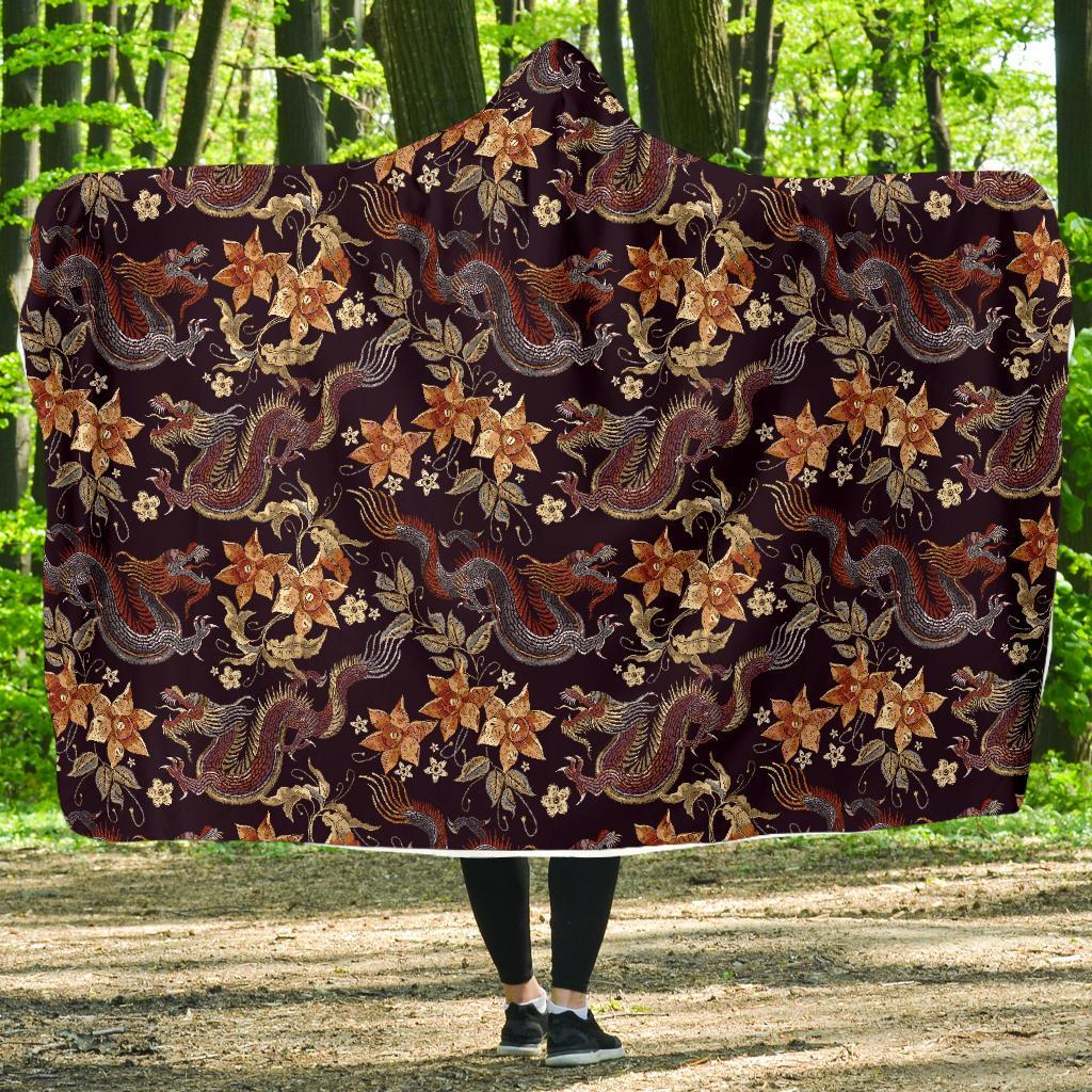 Chinese Floral Dragon Pattern Print Hooded Blanket-grizzshop