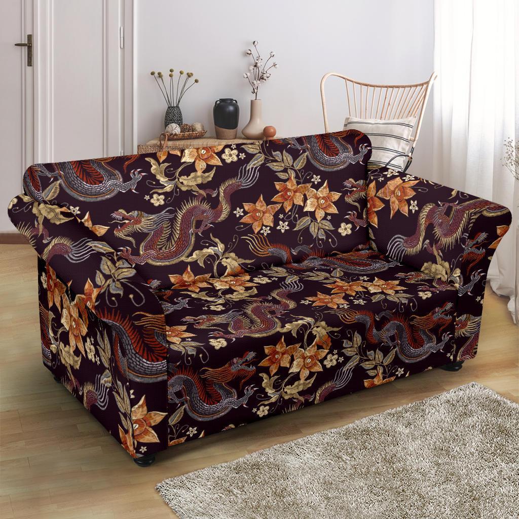 Chinese Floral Dragon Pattern Print Loveseat Cover-grizzshop