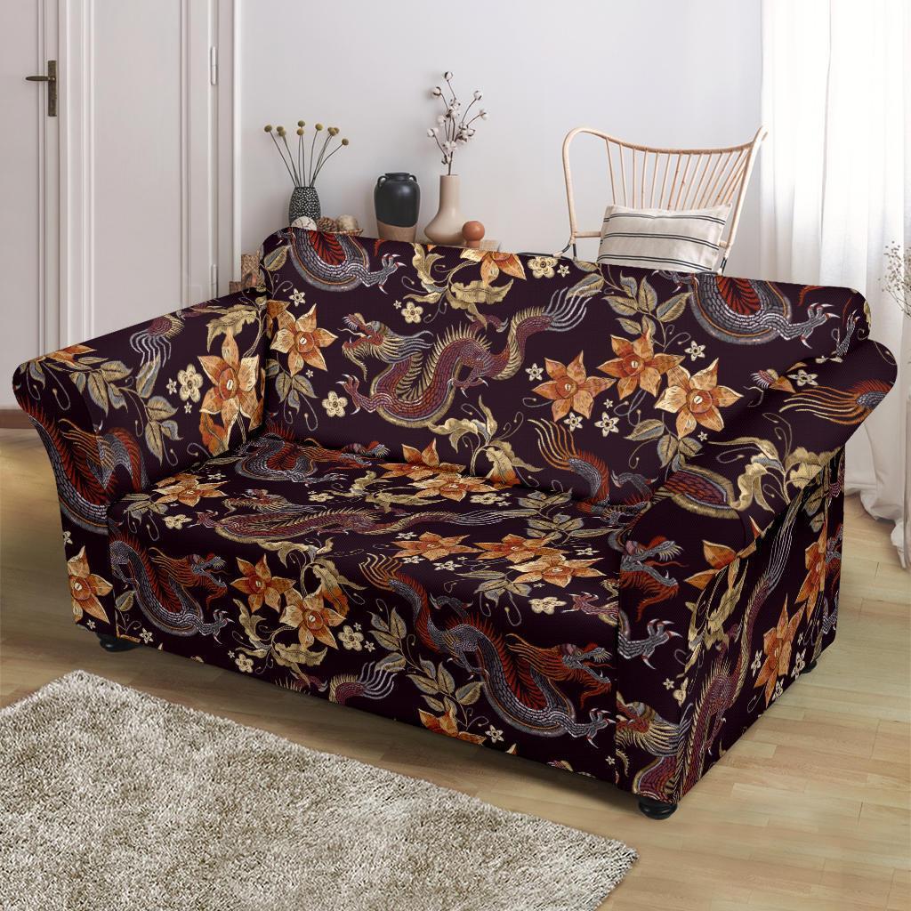 Chinese Floral Dragon Pattern Print Loveseat Cover-grizzshop