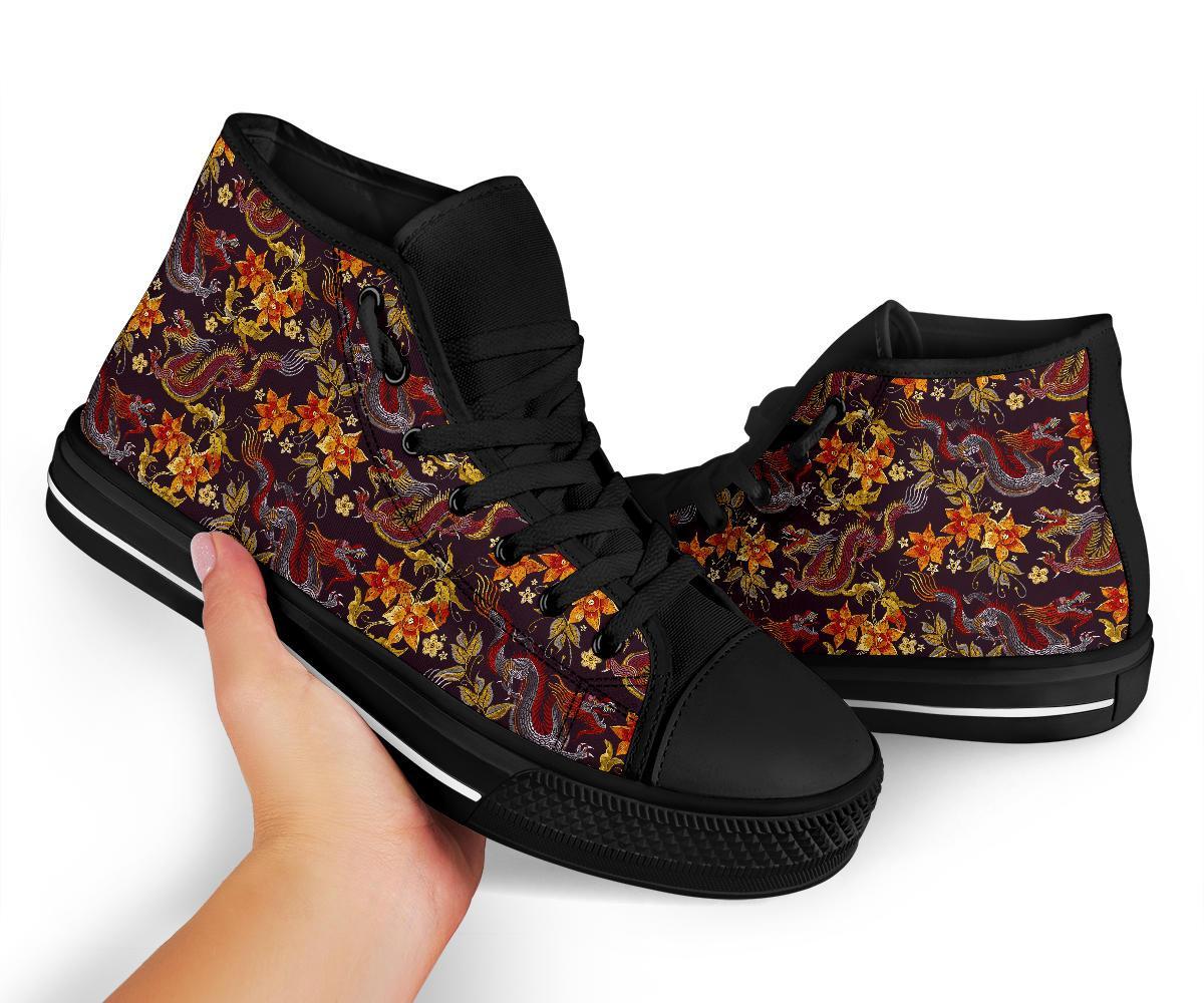 Chinese Floral Dragon Pattern Print Men Women's High Top Shoes-grizzshop