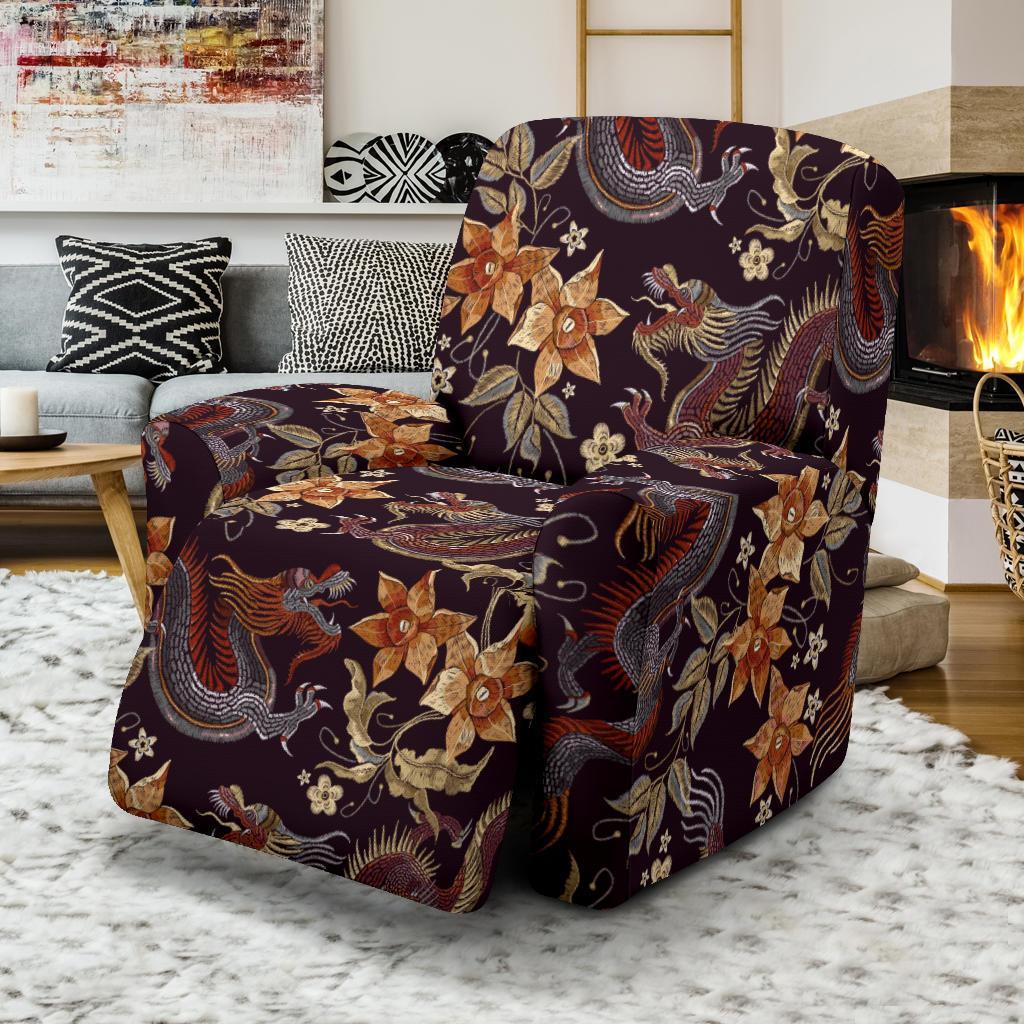 Chinese Floral Dragon Pattern Print Recliner Cover-grizzshop