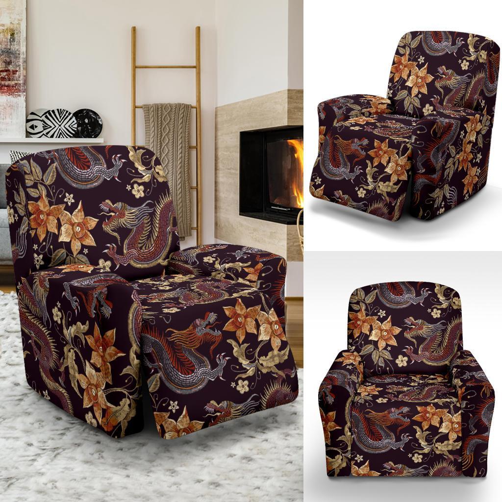 Chinese Floral Dragon Pattern Print Recliner Cover-grizzshop