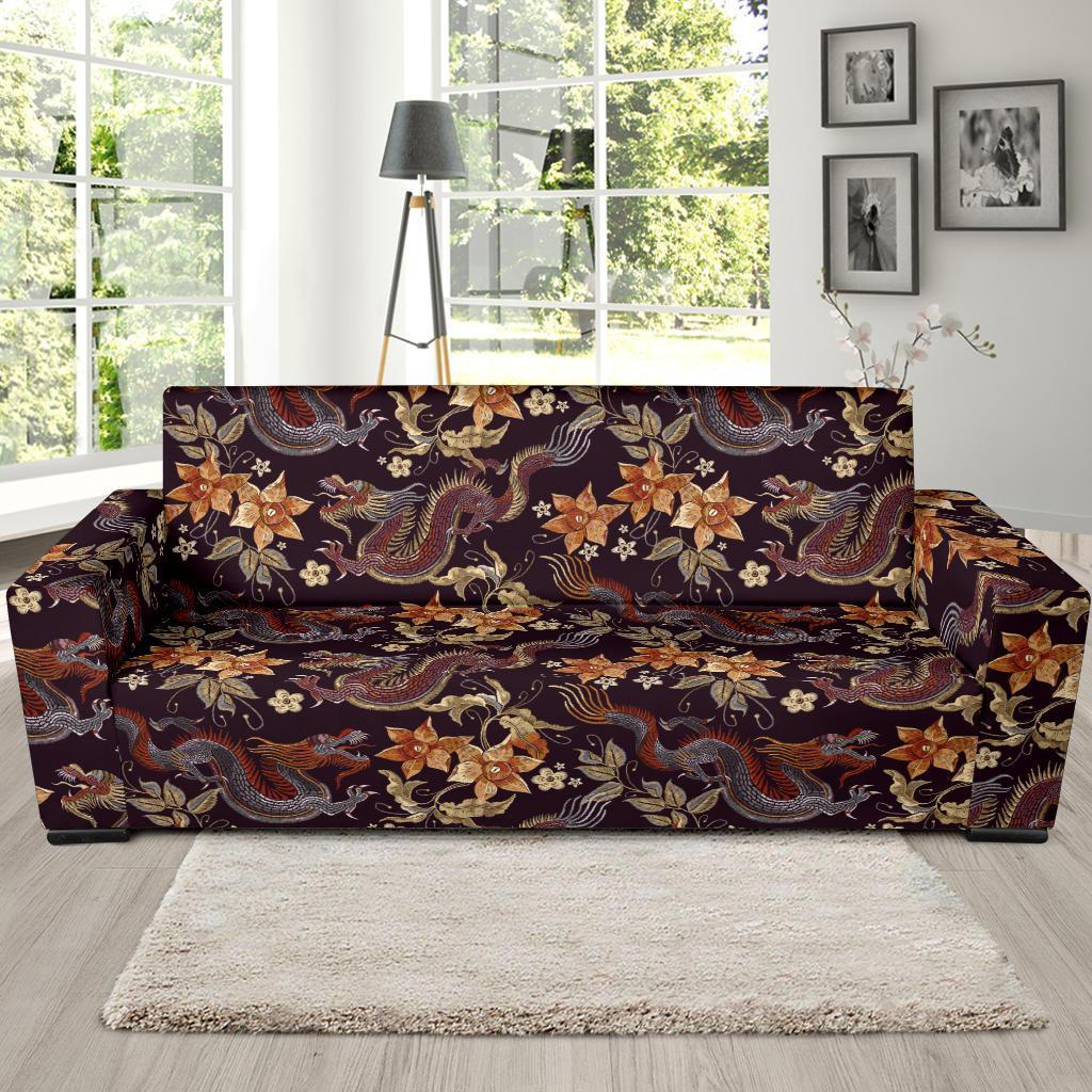 Chinese Floral Dragon Pattern Print Sofa Covers-grizzshop