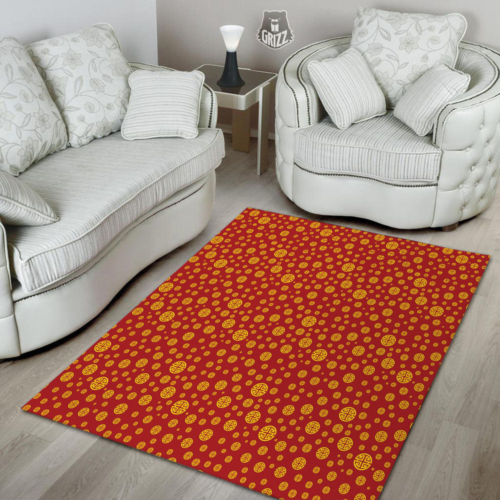 Chinese Gold Print Pattern Floor Mat-grizzshop