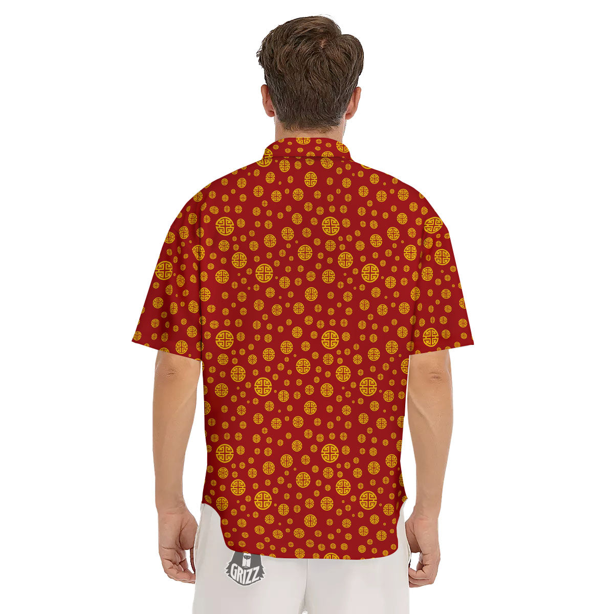 Chinese Gold Print Pattern Men's Short Sleeve Shirts-grizzshop