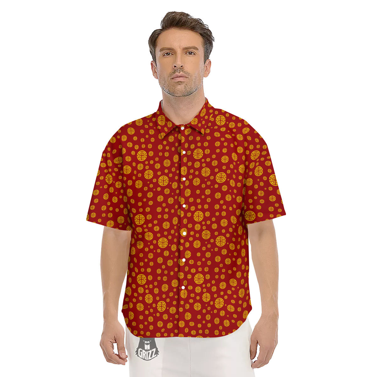 Chinese Gold Print Pattern Men's Short Sleeve Shirts-grizzshop