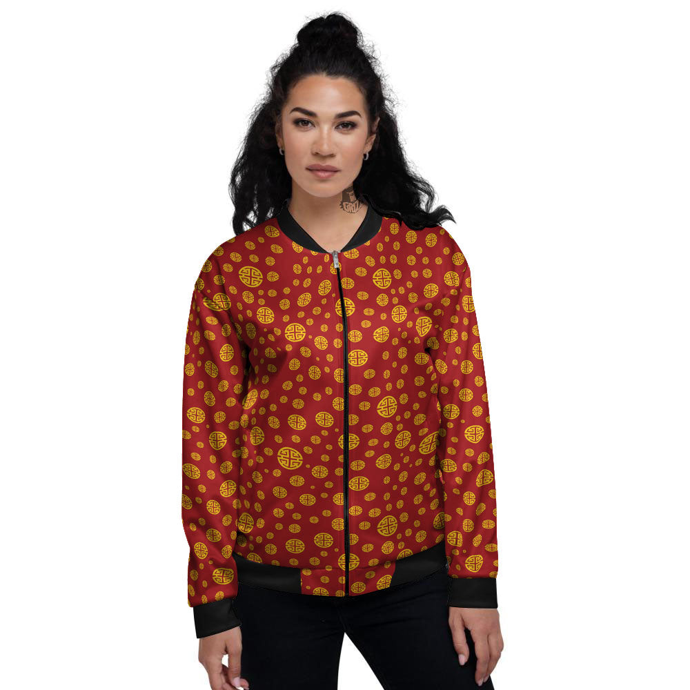 Chinese Gold Print Pattern Women's Bomber Jacket-grizzshop