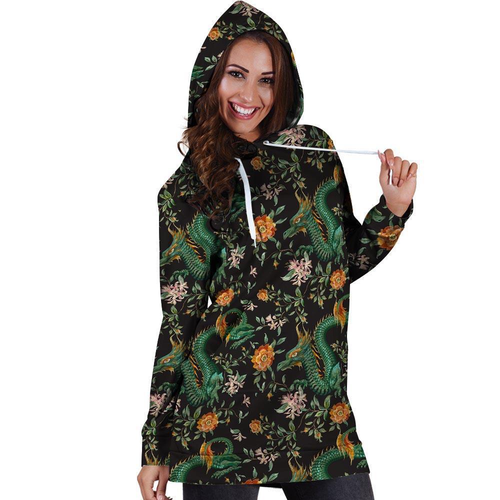 Chinese Green Dragon Print Hoodie Dress-grizzshop