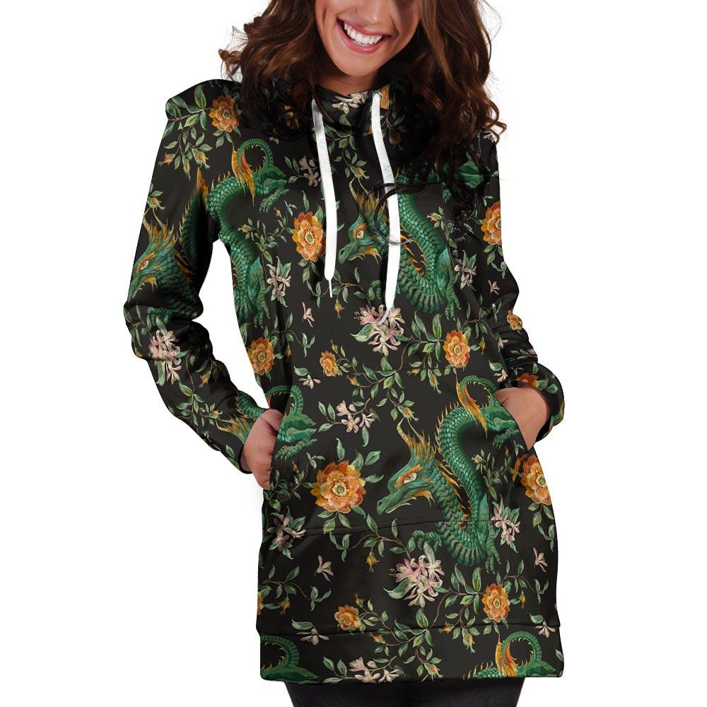 Chinese Green Dragon Print Hoodie Dress-grizzshop