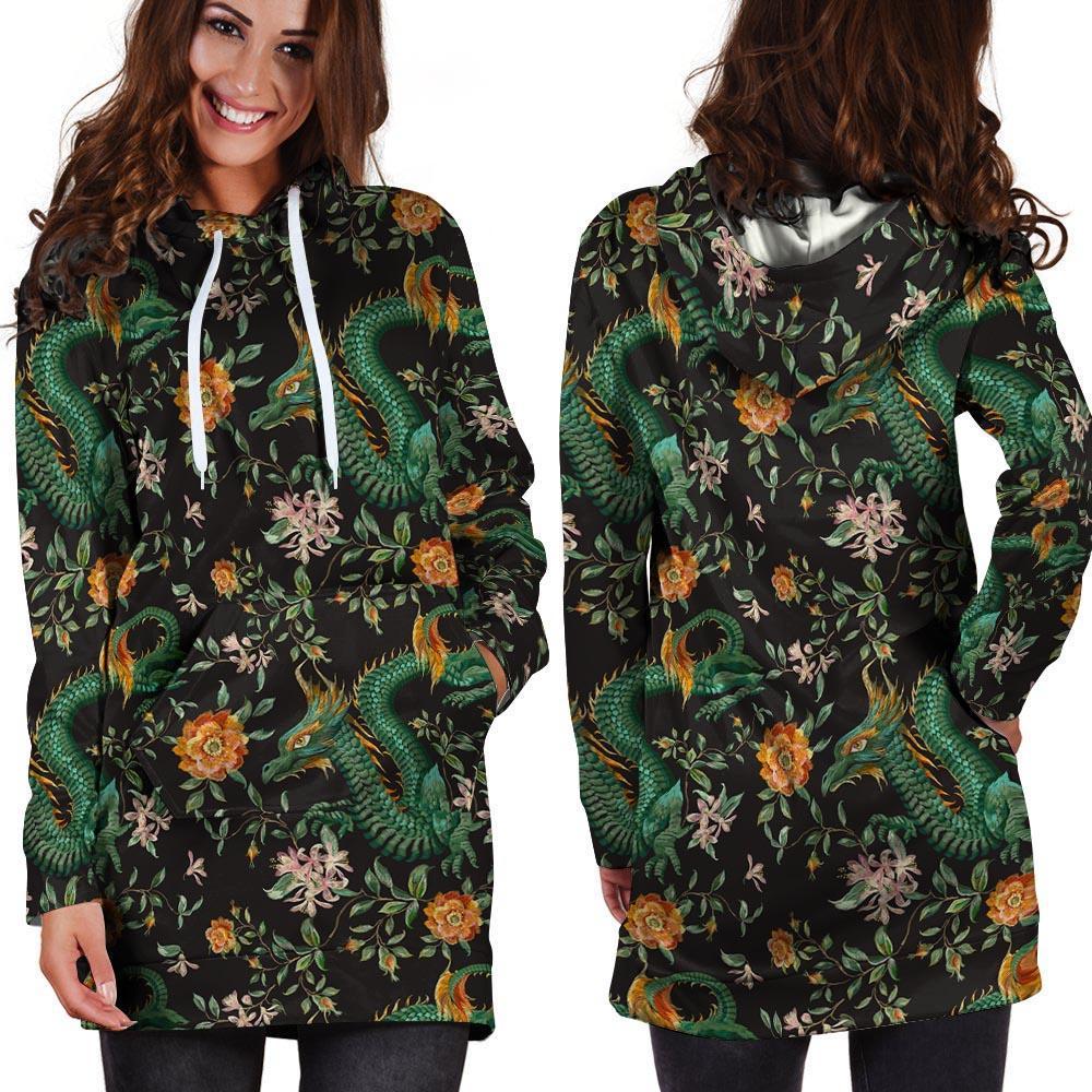 Chinese Green Dragon Print Hoodie Dress-grizzshop