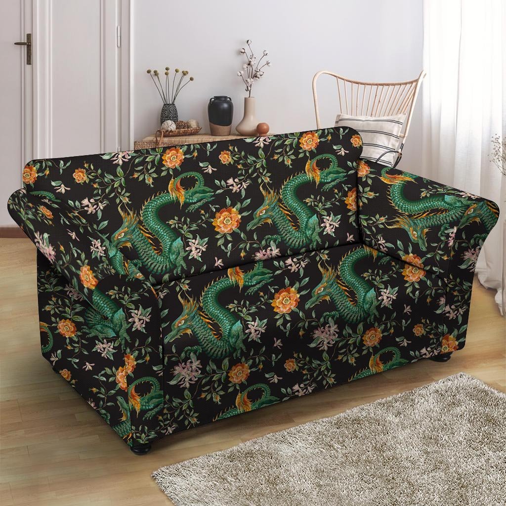 Chinese Green Dragon Print Loveseat Cover-grizzshop