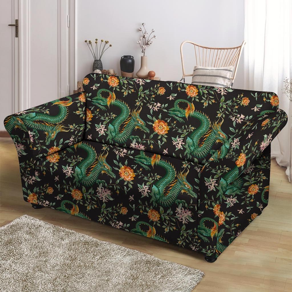 Chinese Green Dragon Print Loveseat Cover-grizzshop