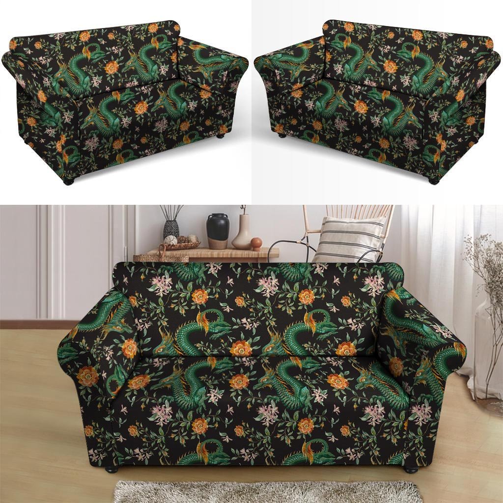 Chinese Green Dragon Print Loveseat Cover-grizzshop