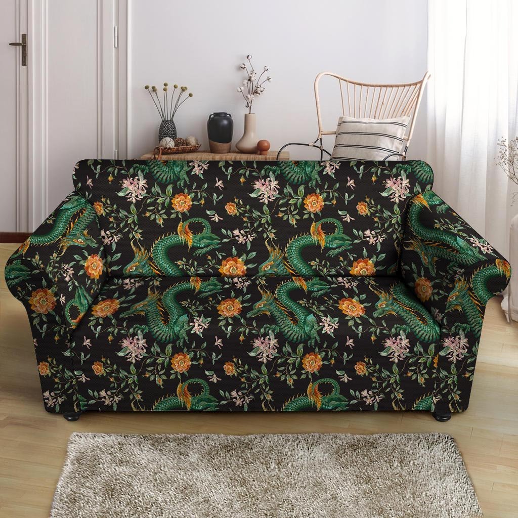 Chinese Green Dragon Print Loveseat Cover-grizzshop