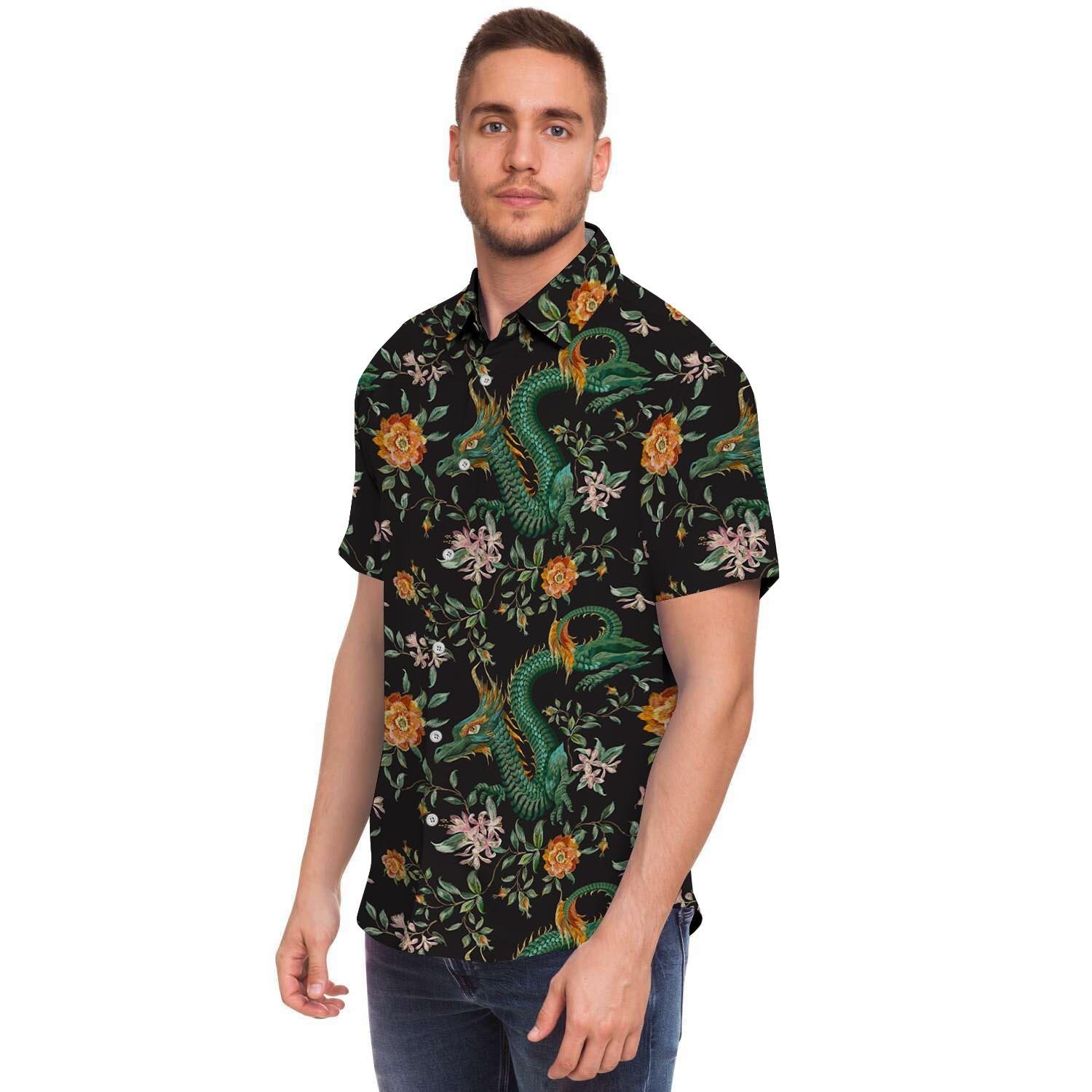 Chinese Green Dragon Print Men's Short Sleeve Shirt-grizzshop