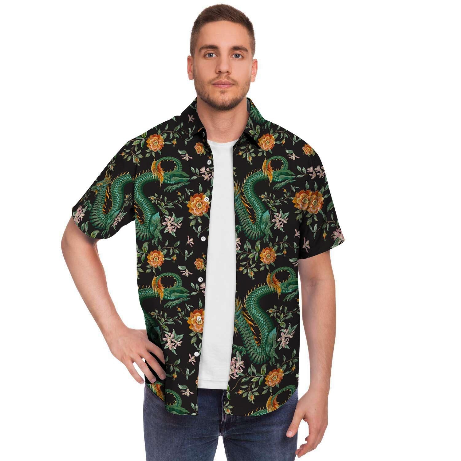 Chinese Green Dragon Print Men's Short Sleeve Shirt-grizzshop