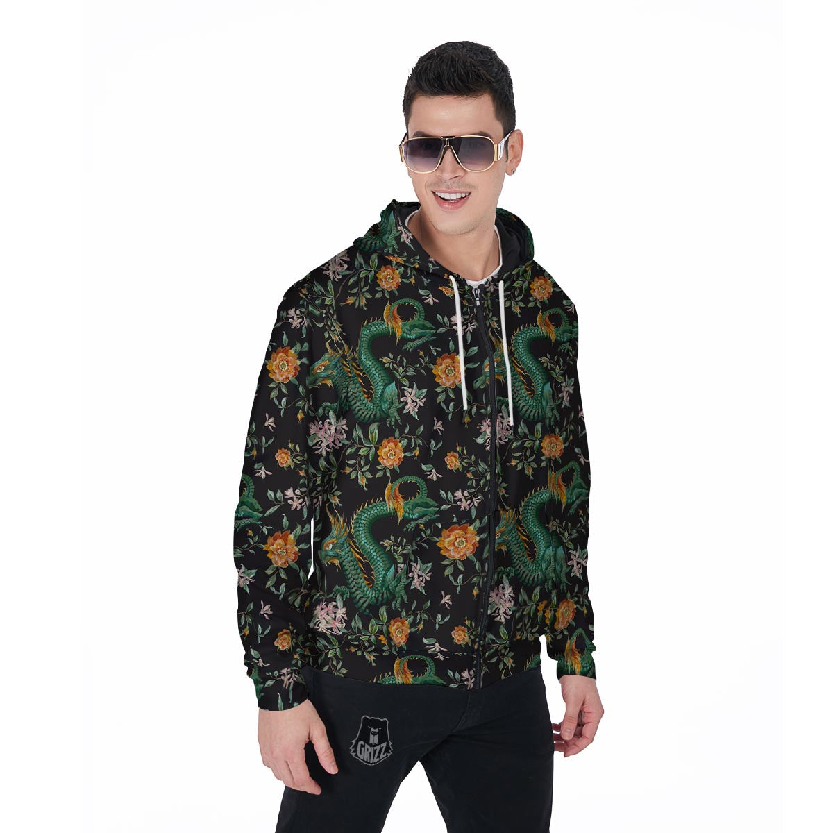 Chinese Green Dragon Print Men's Zip Up Hoodie-grizzshop