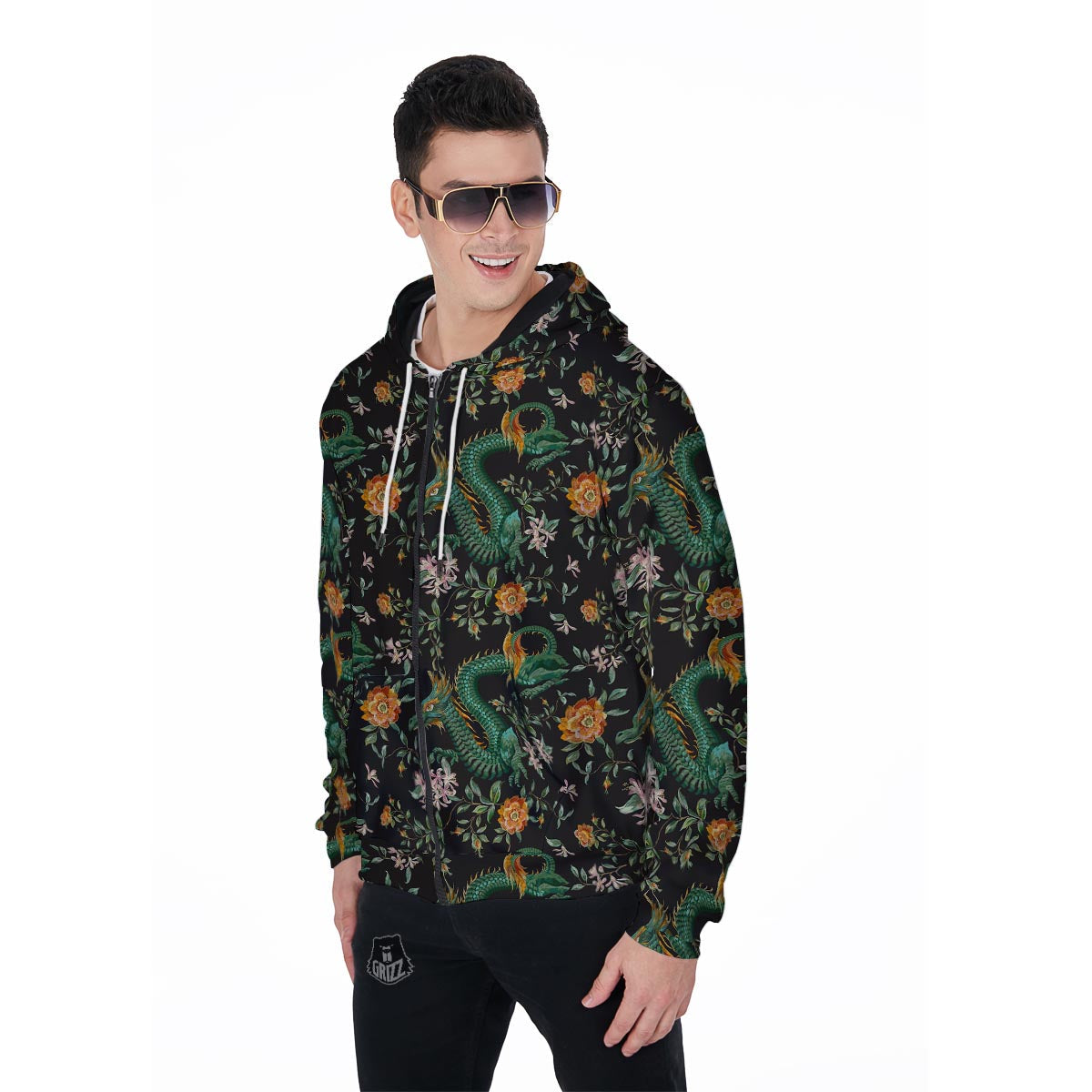 Chinese Green Dragon Print Men's Zip Up Hoodie-grizzshop