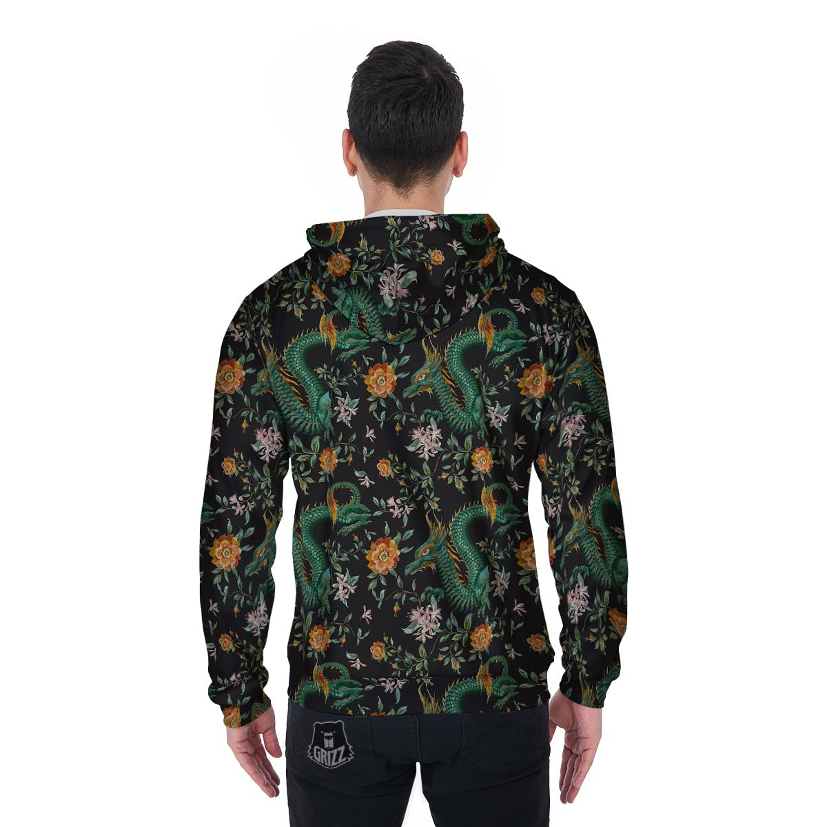 Chinese Green Dragon Print Men's Zip Up Hoodie-grizzshop