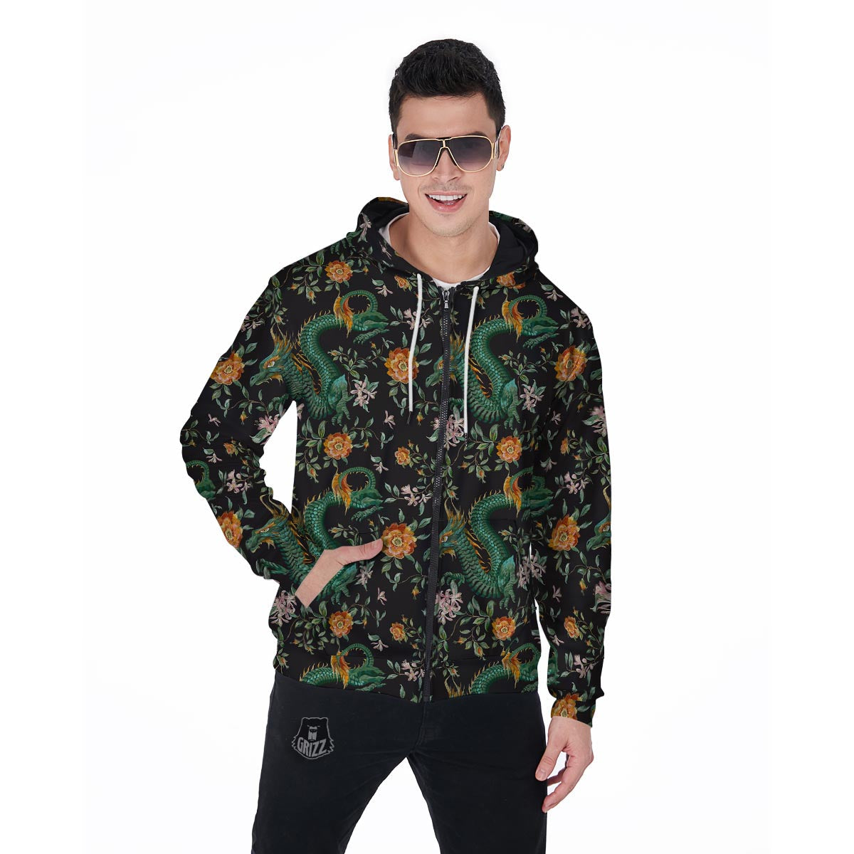 Chinese Green Dragon Print Men's Zip Up Hoodie-grizzshop