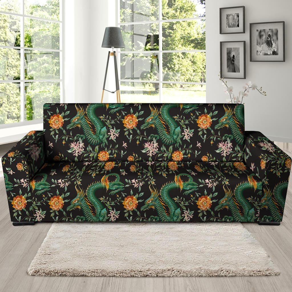 Chinese Green Dragon Print Sofa Cover-grizzshop