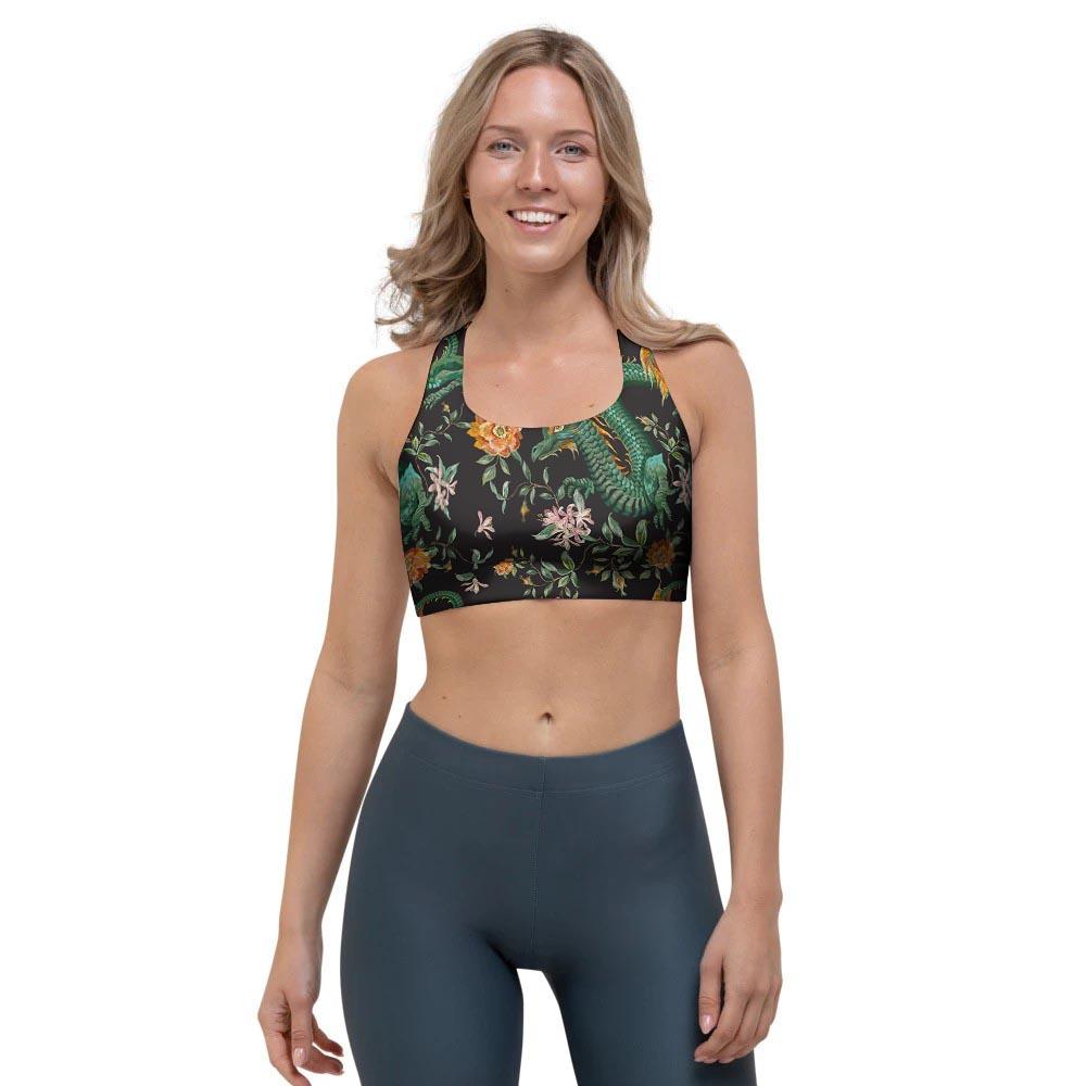 Chinese Green Dragon Print Sports Bra-grizzshop