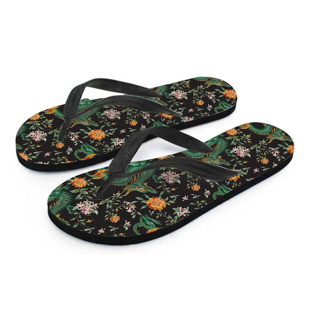 Chinese Green Dragon Print Women's Flip Flops-grizzshop