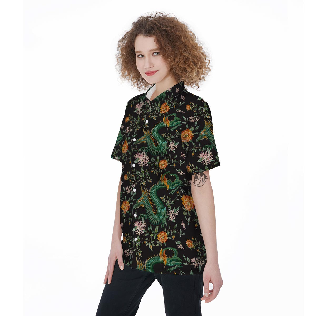 Chinese Green Dragon Print Women's Short Sleeve Shirts-grizzshop