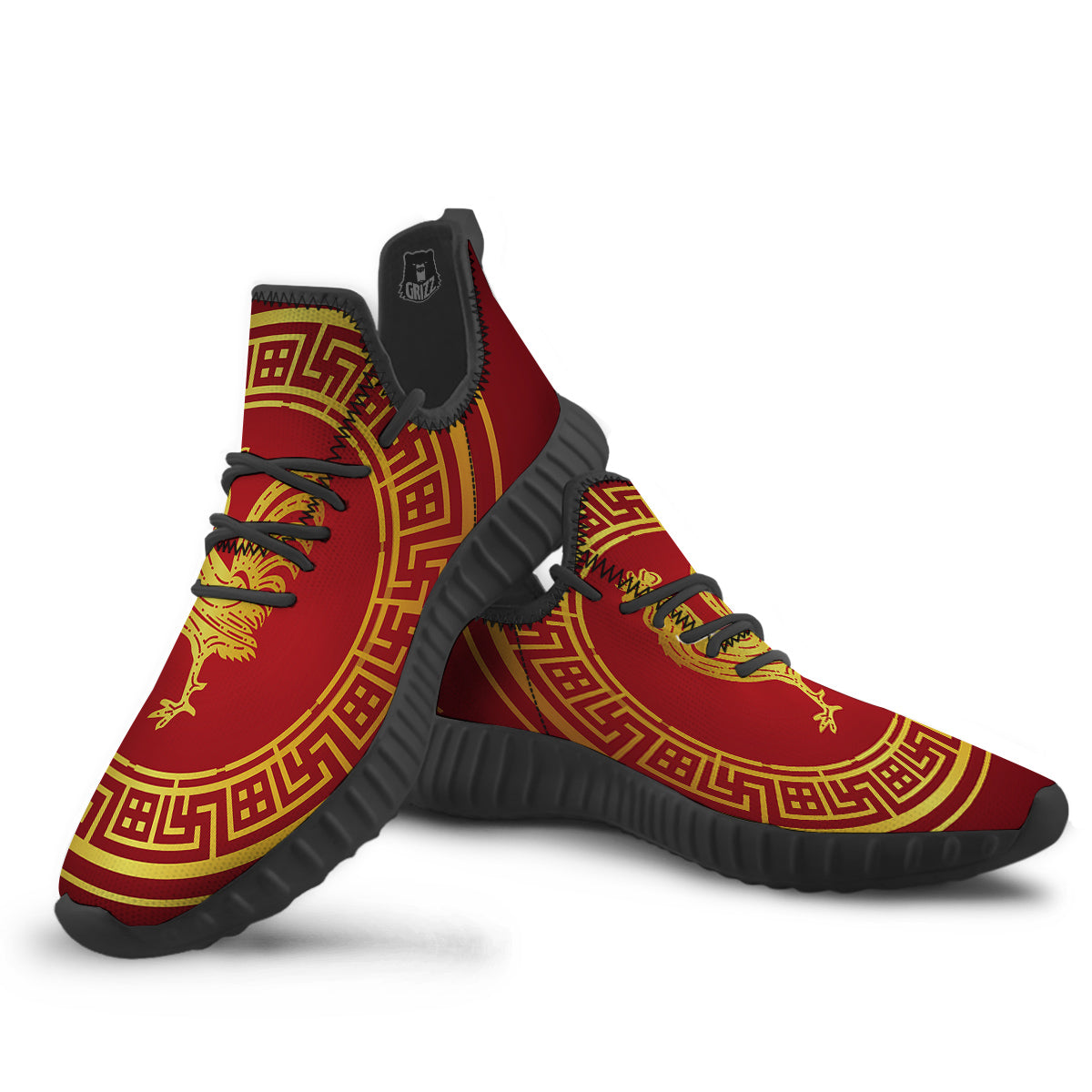 Chinese New Year Rooster Print Black Walking Shoes-grizzshop