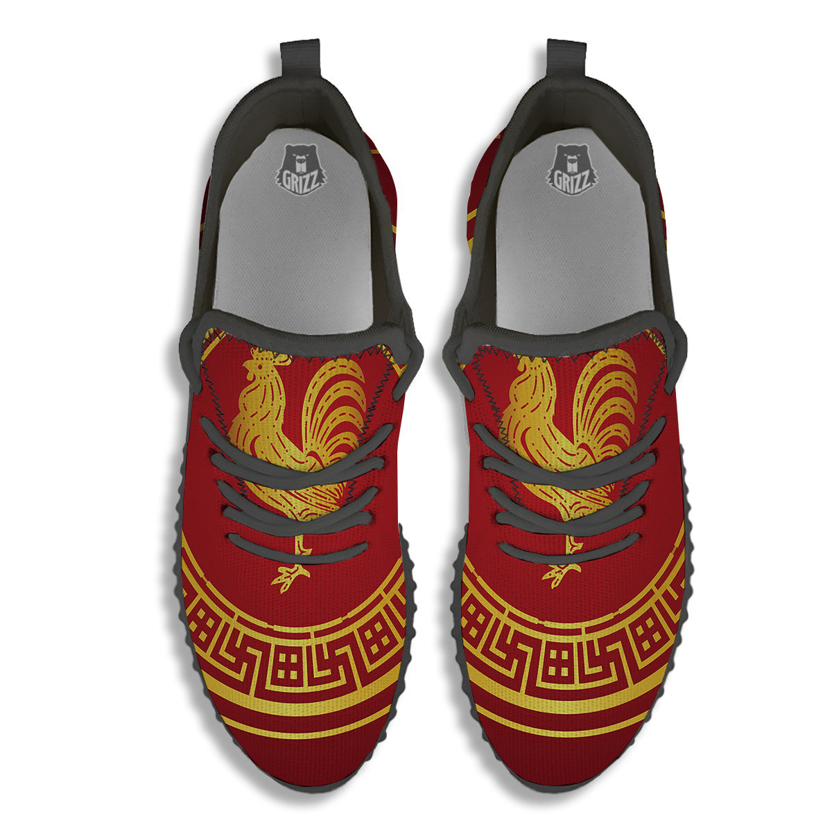 Chinese New Year Rooster Print Black Walking Shoes-grizzshop
