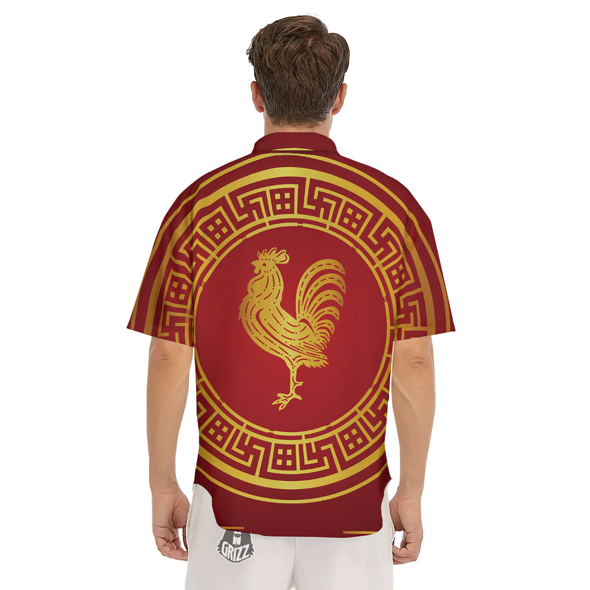 Chinese New Year Rooster Print Men's Short Sleeve Shirts-grizzshop