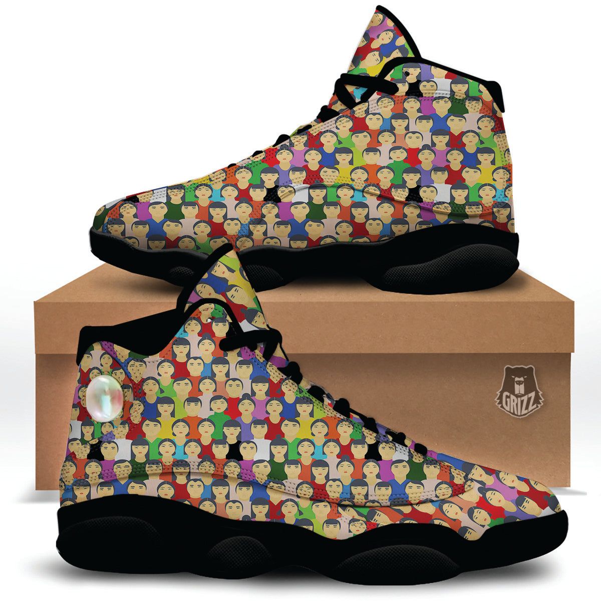 Chinese People Colorful Print Pattern Black Basketball Shoes-grizzshop