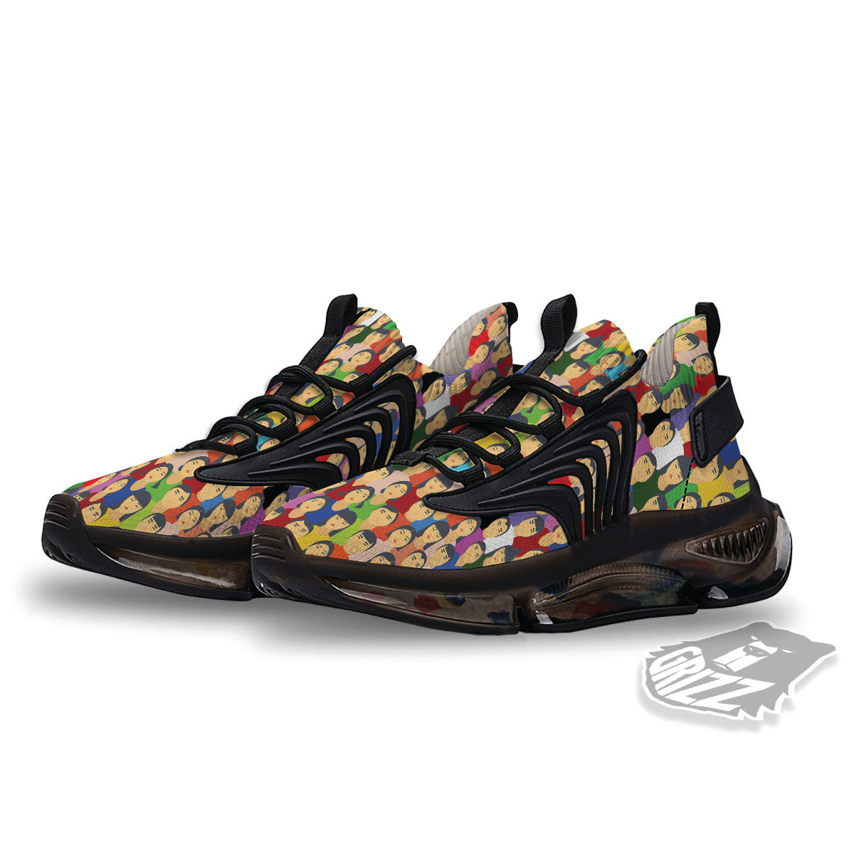 Chinese People Colorful Print Pattern Black Gym Shoes-grizzshop