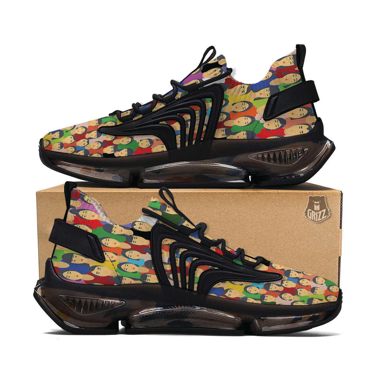 Chinese People Colorful Print Pattern Black Gym Shoes-grizzshop