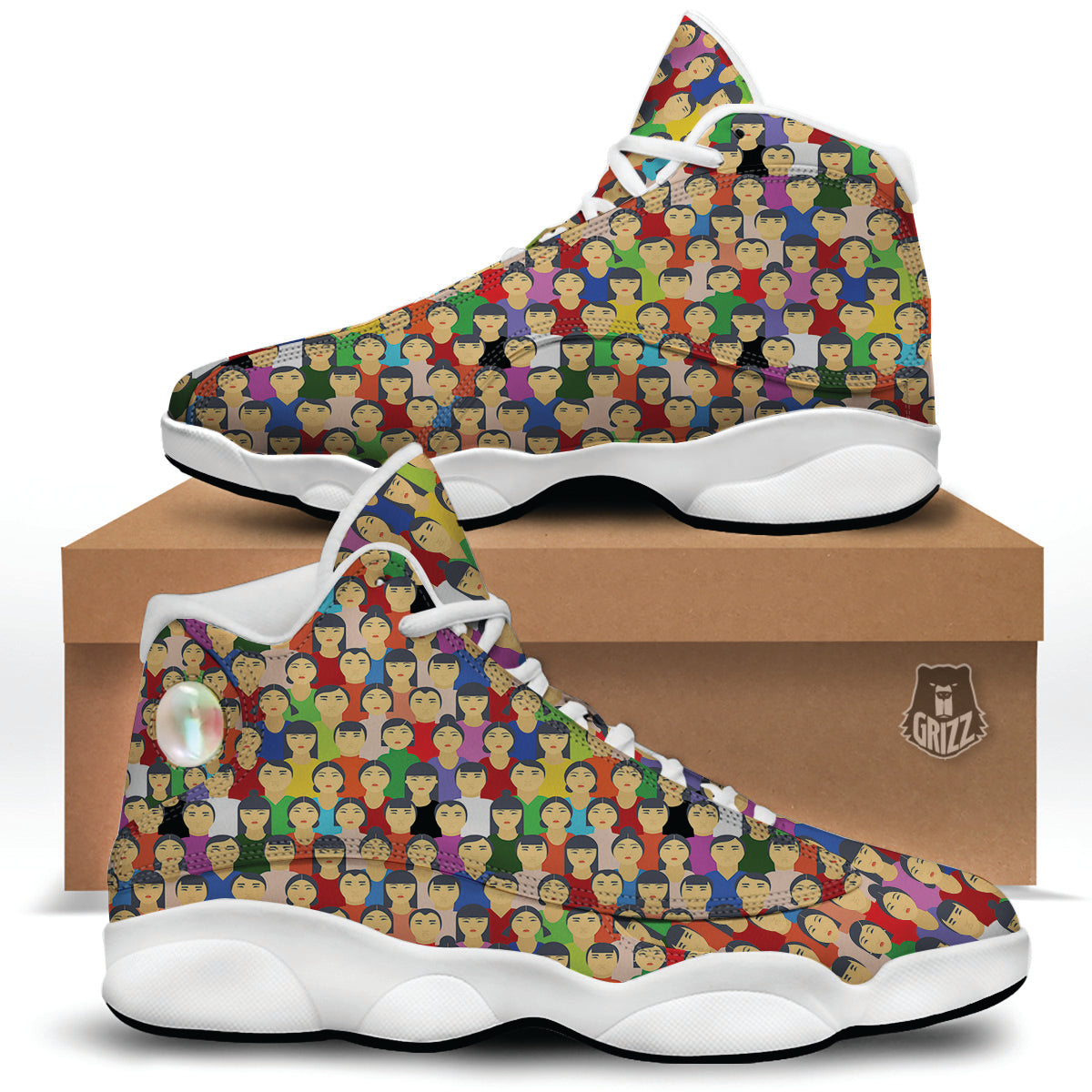 Chinese People Colorful Print Pattern White Basketball Shoes-grizzshop